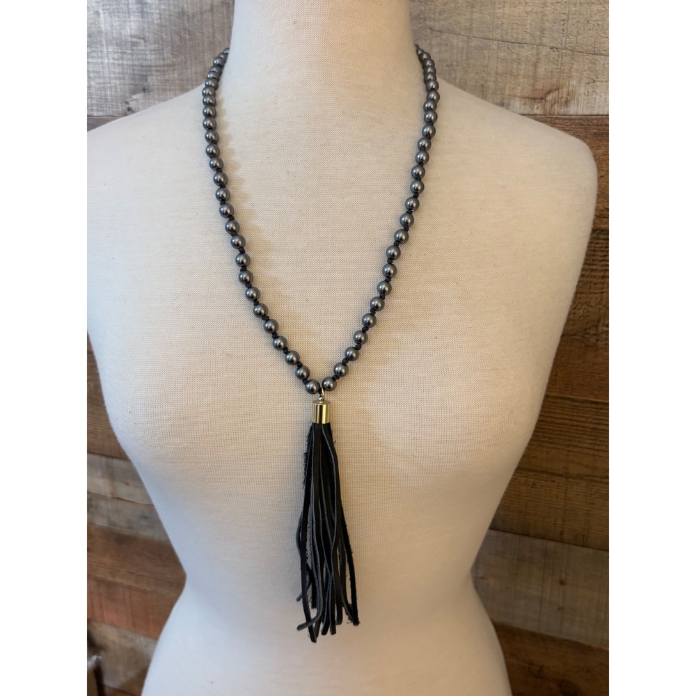 Gunmetal Grey Faux Pearl Knotted Necklace Black Leather Tassel Gold Tone